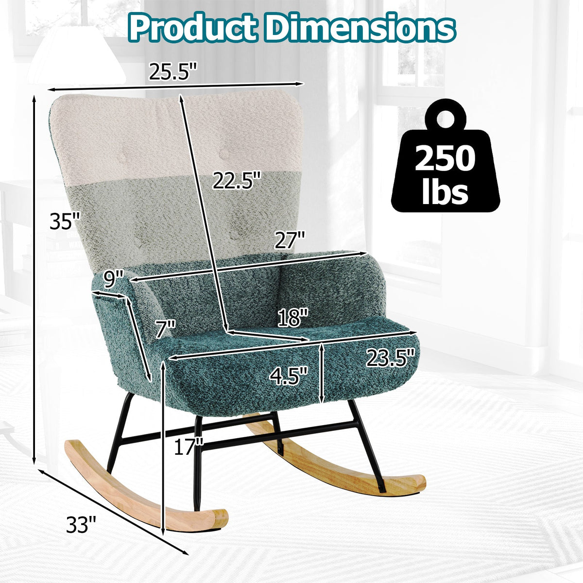 Nursery Rocking Chair with Ergonomic Armrests and High Backrest