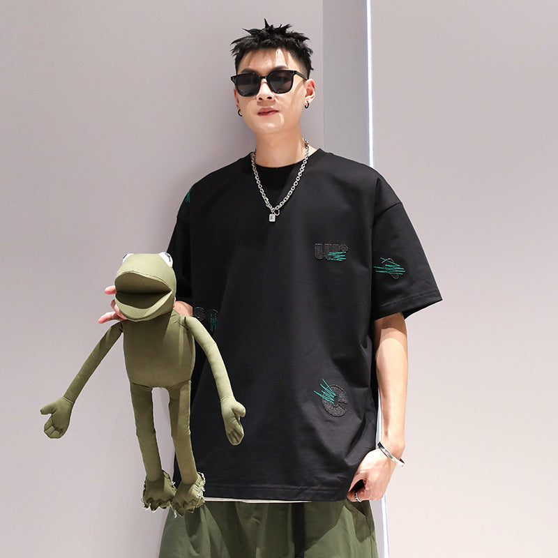 Men's Cotton Embroidery Loose Pullover Short Sleeve