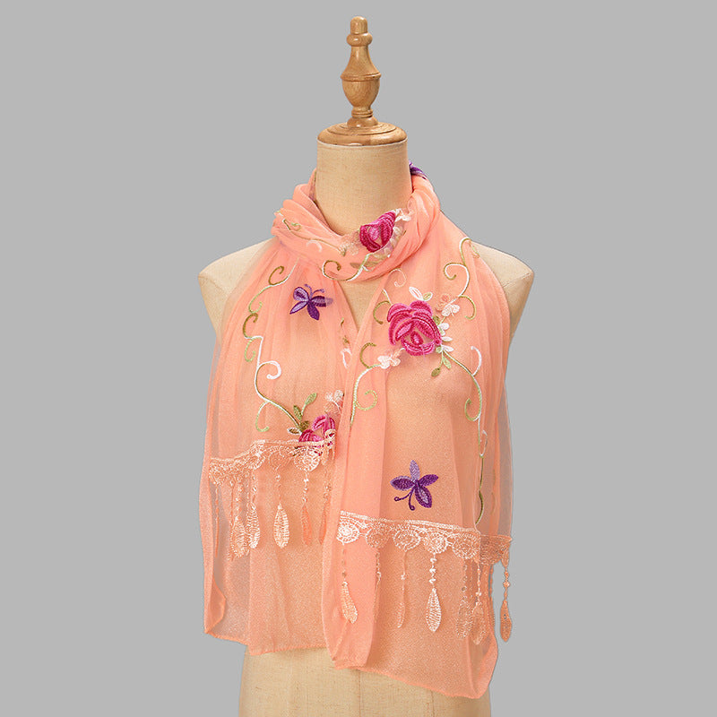 Double-layer Embroidery Flower Scarf Female Tassel