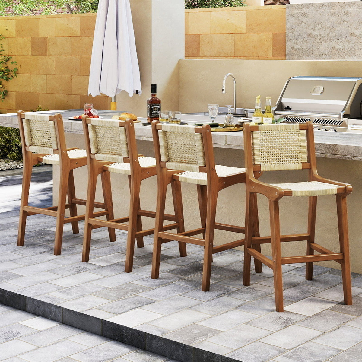 Outdoor Counter Height Bar Stool with Teak Wood Frame