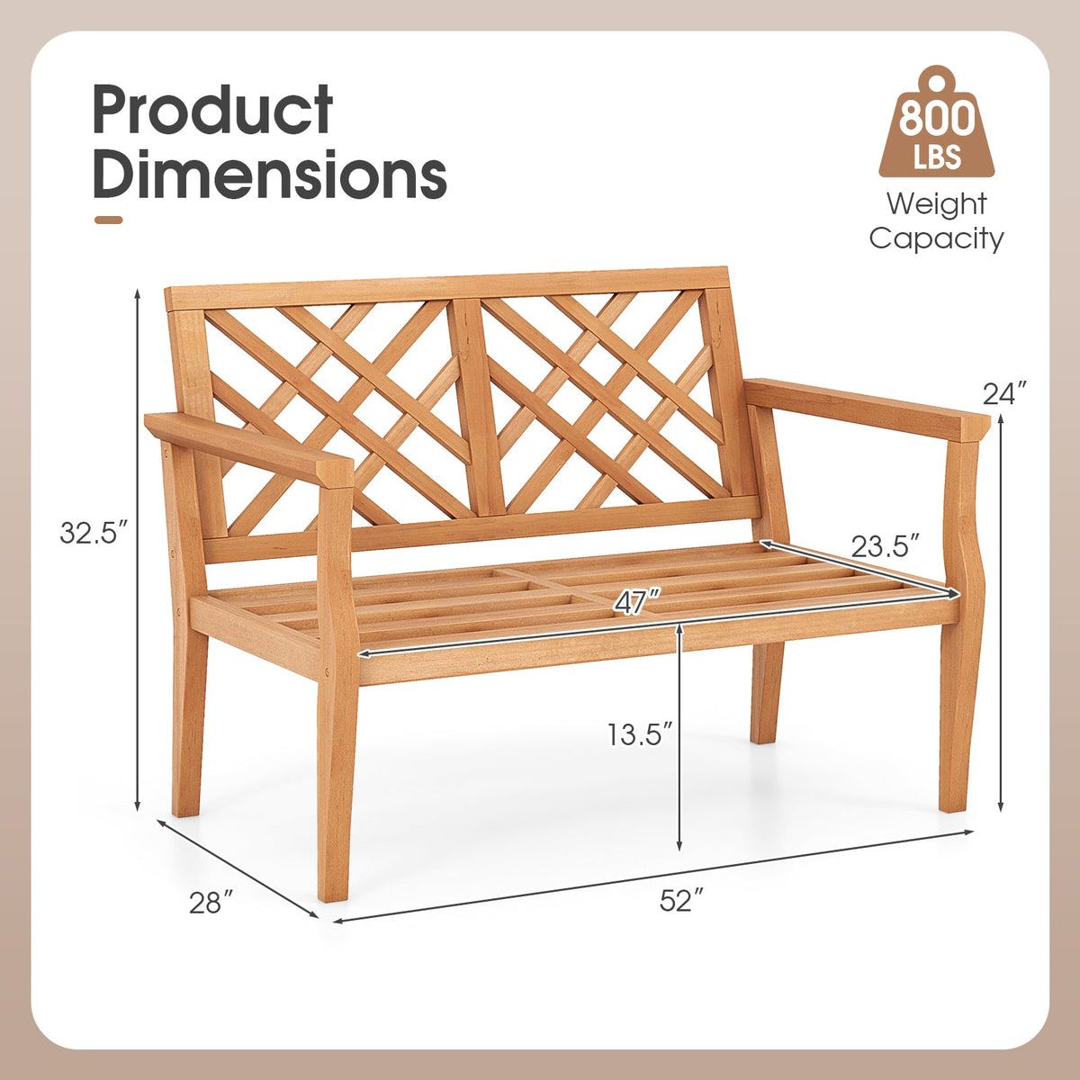 Outdoor Garden Bench 2-Person Teak Wood Bench with Comfy Armrests and Backrest