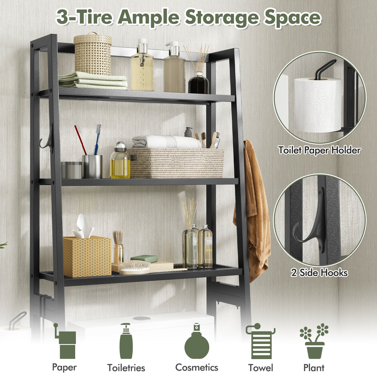3-Tier Over The Toilet Storage Shelf with Adjustable Bottom Bar DirectDeals
