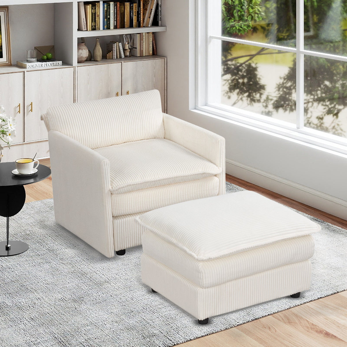 Oversized Accent Chair with Ottoman with Soft Corduroy Cushions-Beige