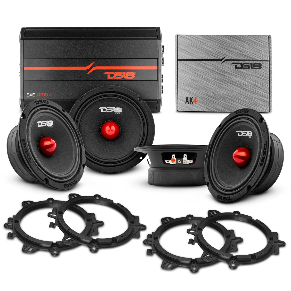 Pro Audio Speaker Bundle: 6.5" Midrange Speakers with OEM Speaker Adapters, Amplifier, and Wiring Kit DS18