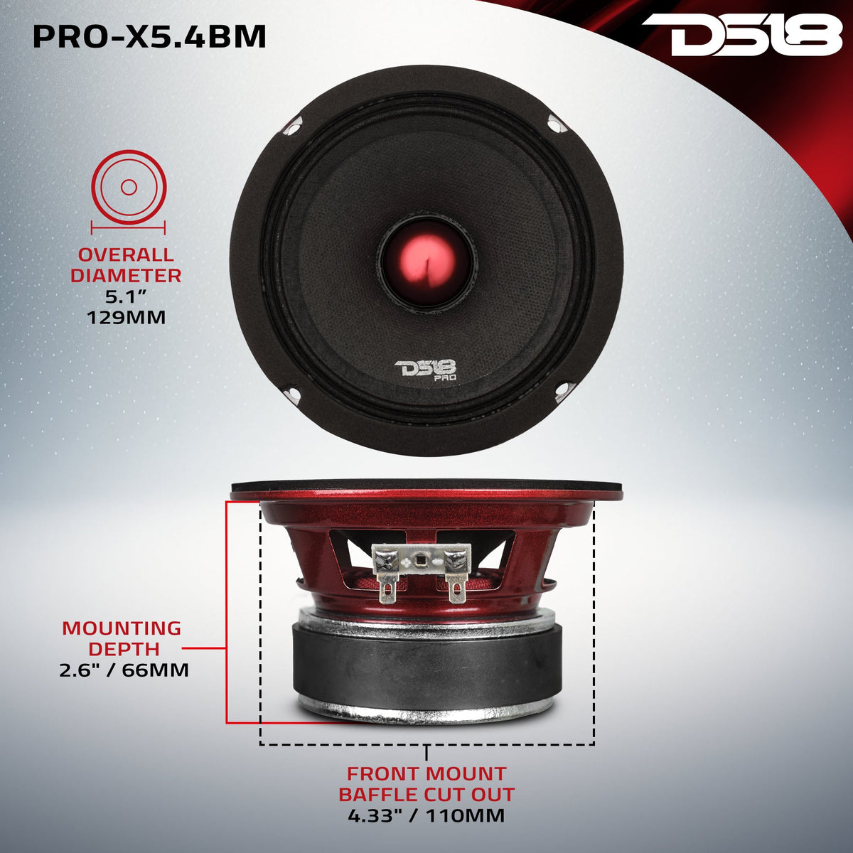 PRO-X 5.25" Mid-Range Loudspeaker with Bullet | 150W RMS 4-Ohm DS18