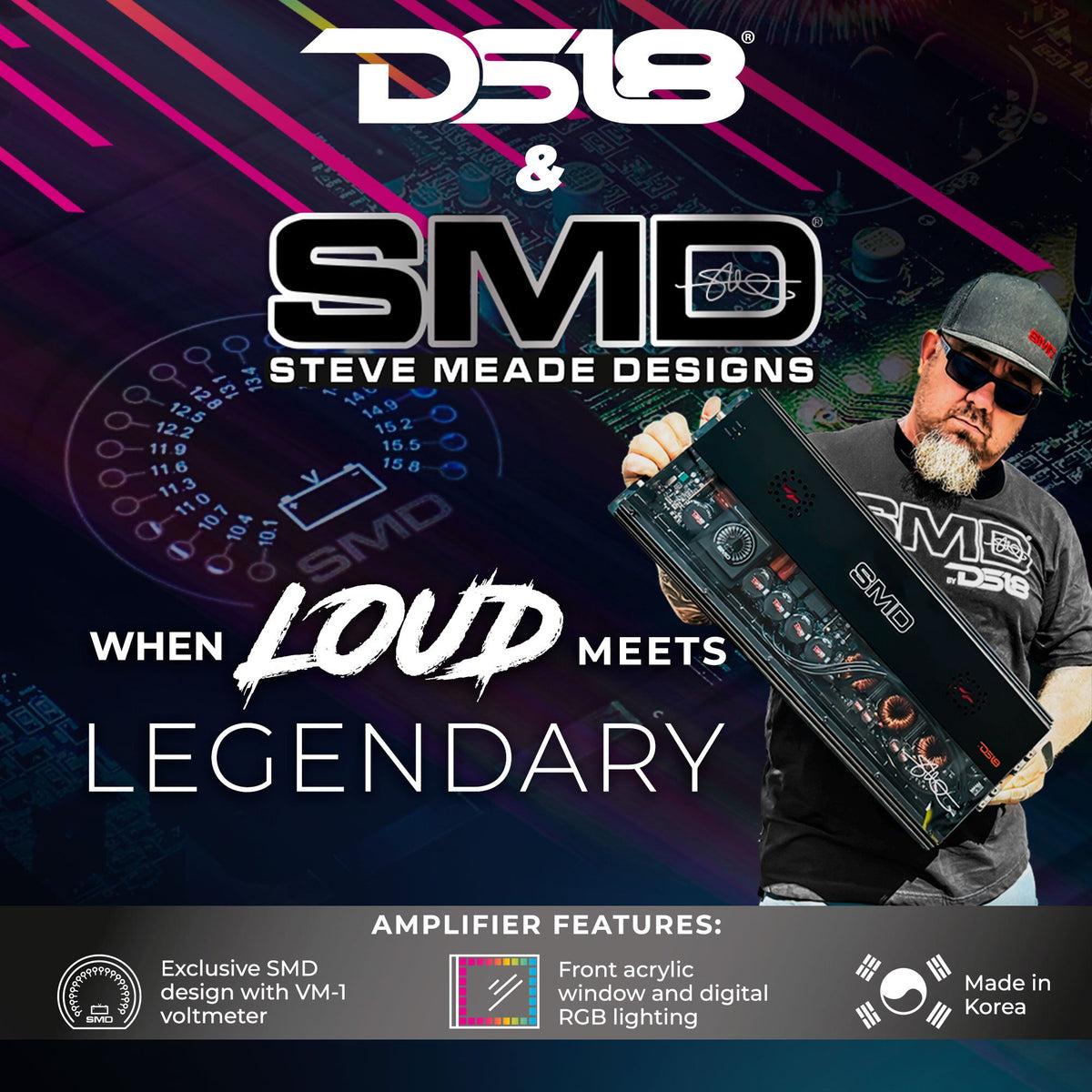 SMD 5-Channel Amplifier with VM-1 Voltmeter and Digital LED Lights 4 x 250W at 2-Ohm Class AB + 1 x 1800W at 1-Ohm Class D - Steve Meade Designs DS18