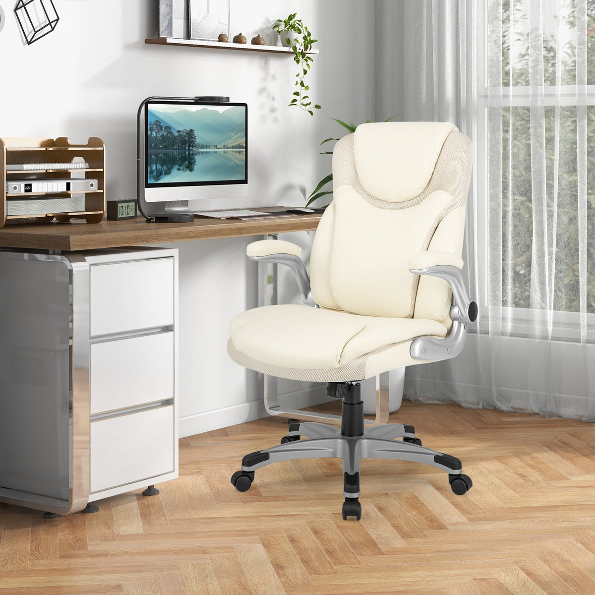Ergonomic Office PU Leather Executive Chair with Flip-up Armrests and Rocking Function