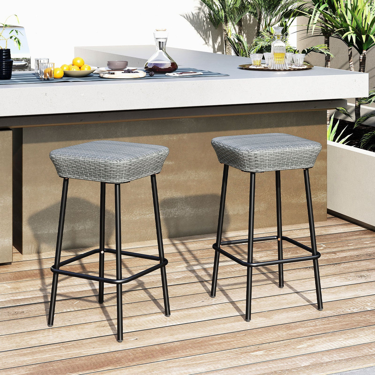 29.5 Inches Patio Bar Stools Set of 2 with Rattan Seat and Footrest DirectDeals