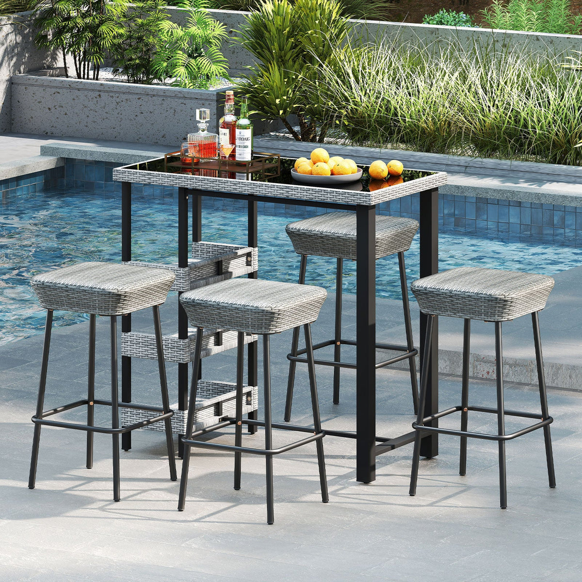 29.5 Inches Patio Bar Stools Set of 2 with Rattan Seat and Footrest DirectDeals