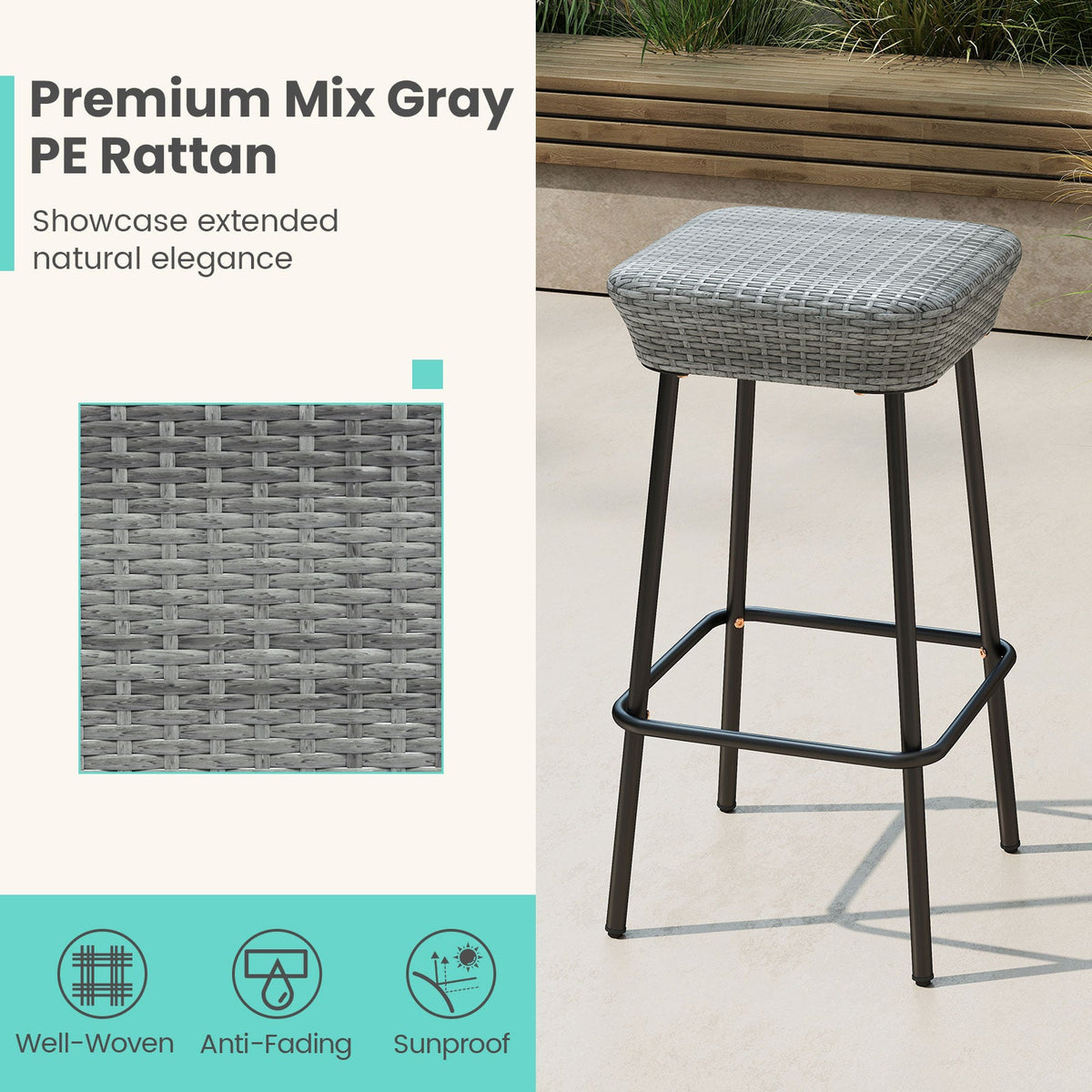 29.5 Inches Patio Bar Stools Set of 2 with Rattan Seat and Footrest DirectDeals