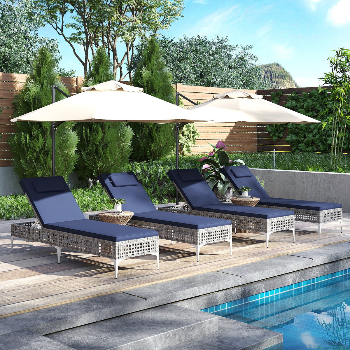 2 Pieces Patio Chaise Lounge Chair with 6-Level Adjustable Backrest and Headrest for Poolside-Navy