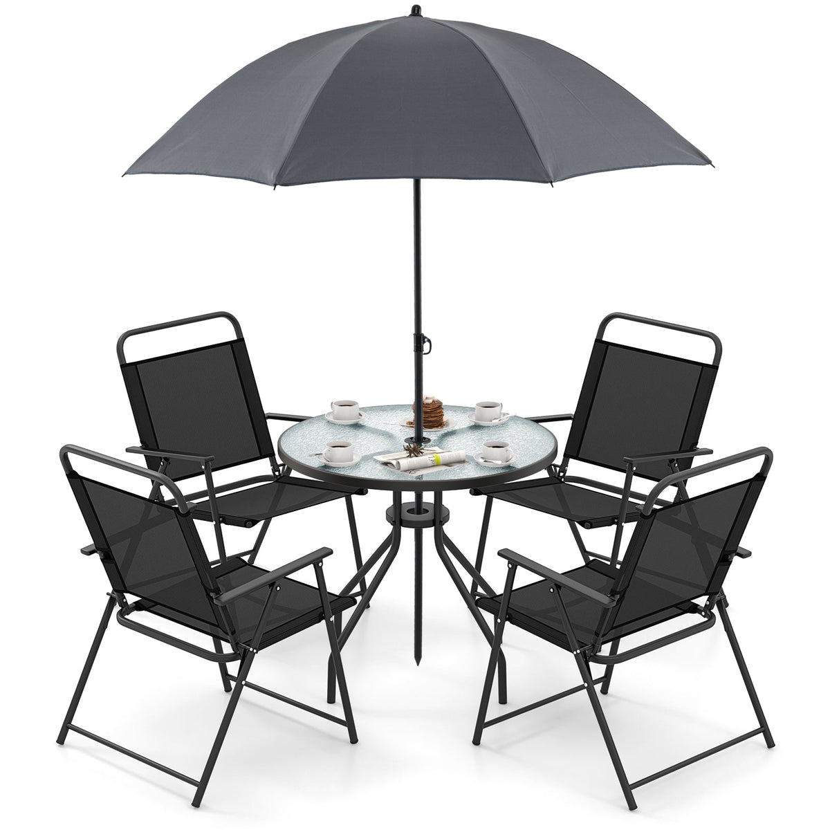 6 Pieces Patio Dining Set Folding Chairs Glass Table Tilt Umbrella for Garden