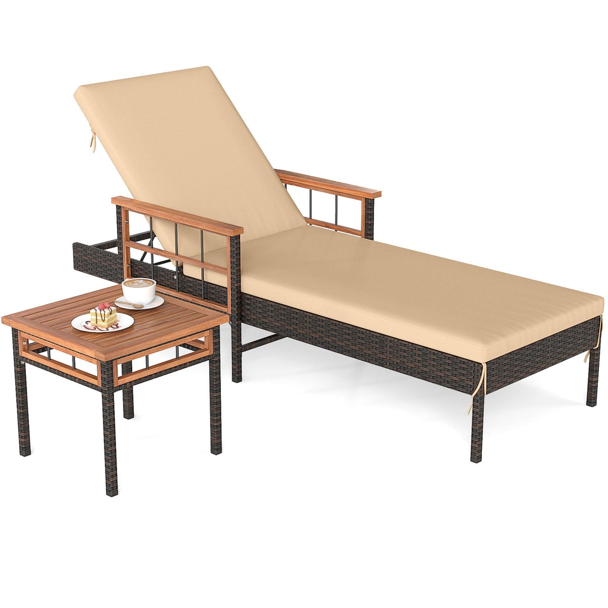 Patio Rattan Chaise Lounge with Side Table and Adjustable Backrest-Beige
