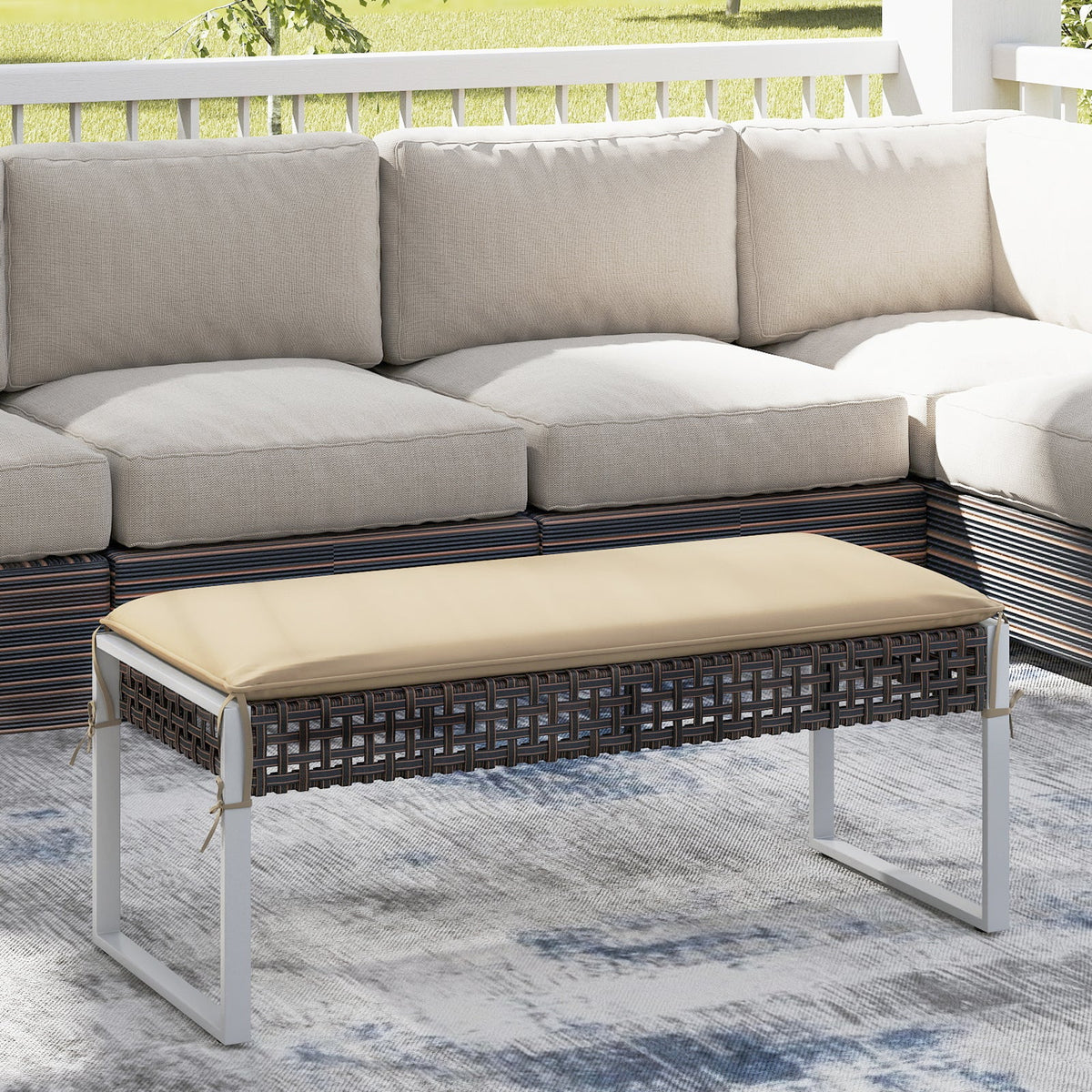 43 Inch Patio Rectangle Ottoman with Metal Legs and Seat Cushion-Beige
