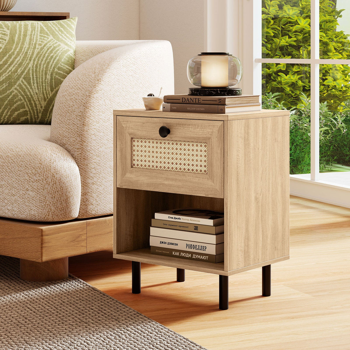 Rattan Nightstand Boho End Table with Rattan Drawer and Open Shelf