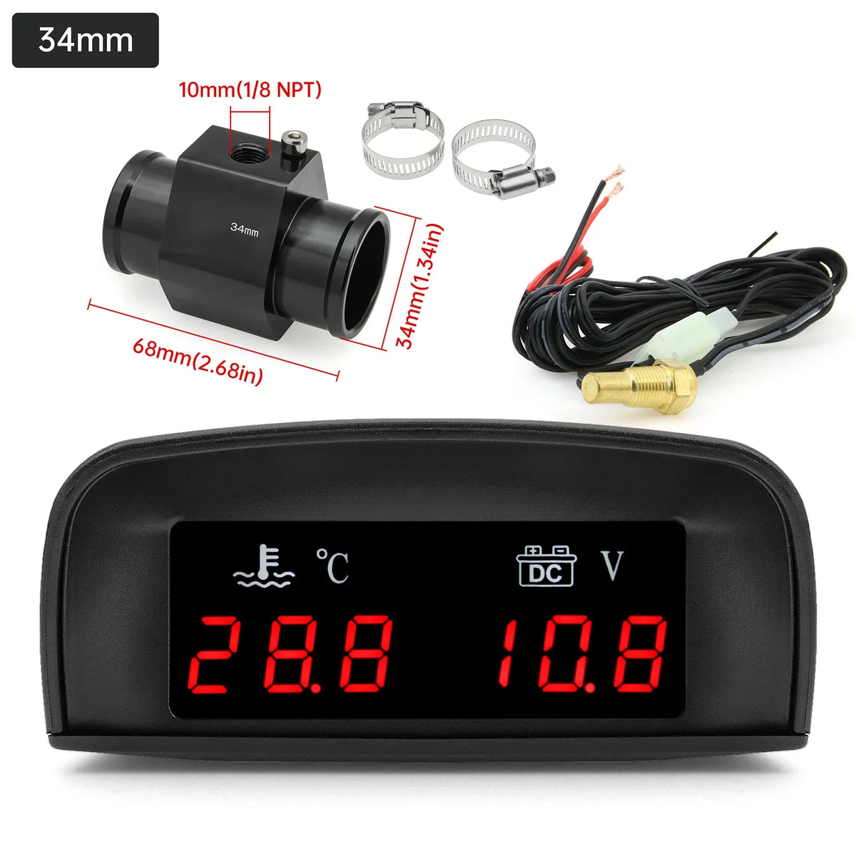 2 In 1 Car Water Temperature and Voltage Gauge | Digital LCD Display with 1/8 NPT Sensor Adapter