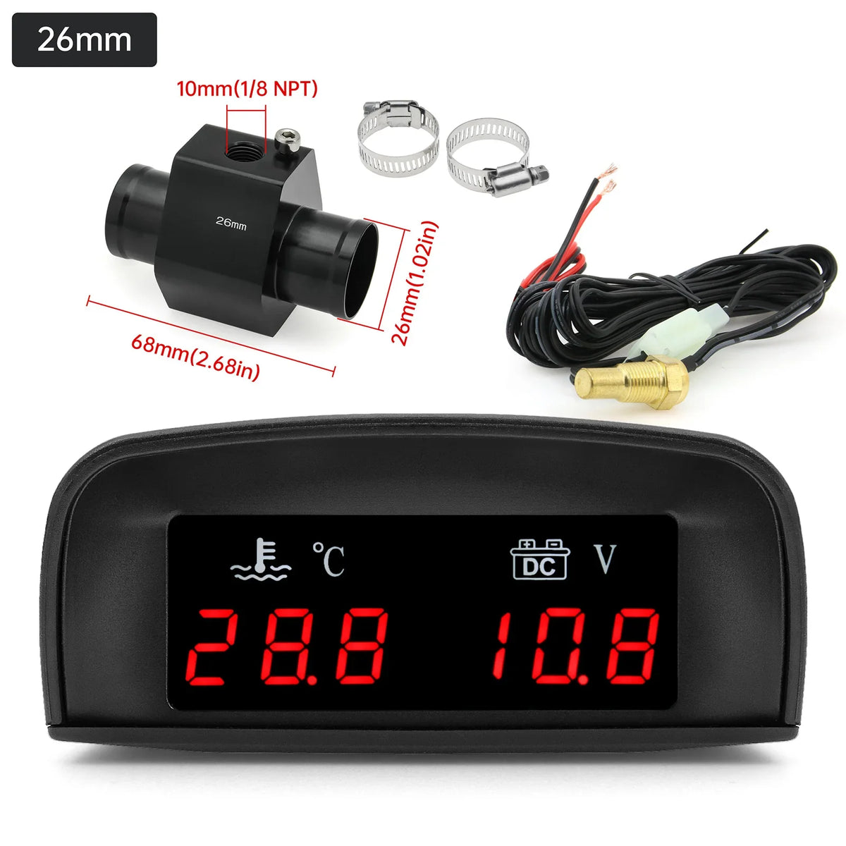 2 In 1 Car Water Temperature and Voltage Gauge | Digital LCD Display with 1/8 NPT Sensor Adapter