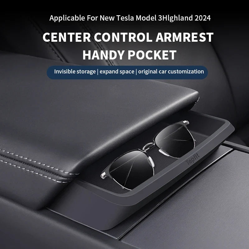 Central Armrest Storage Box for Tesla Model 3 Highland | Multi-Functional Glasses and Phone Case MyPetiteCar.com