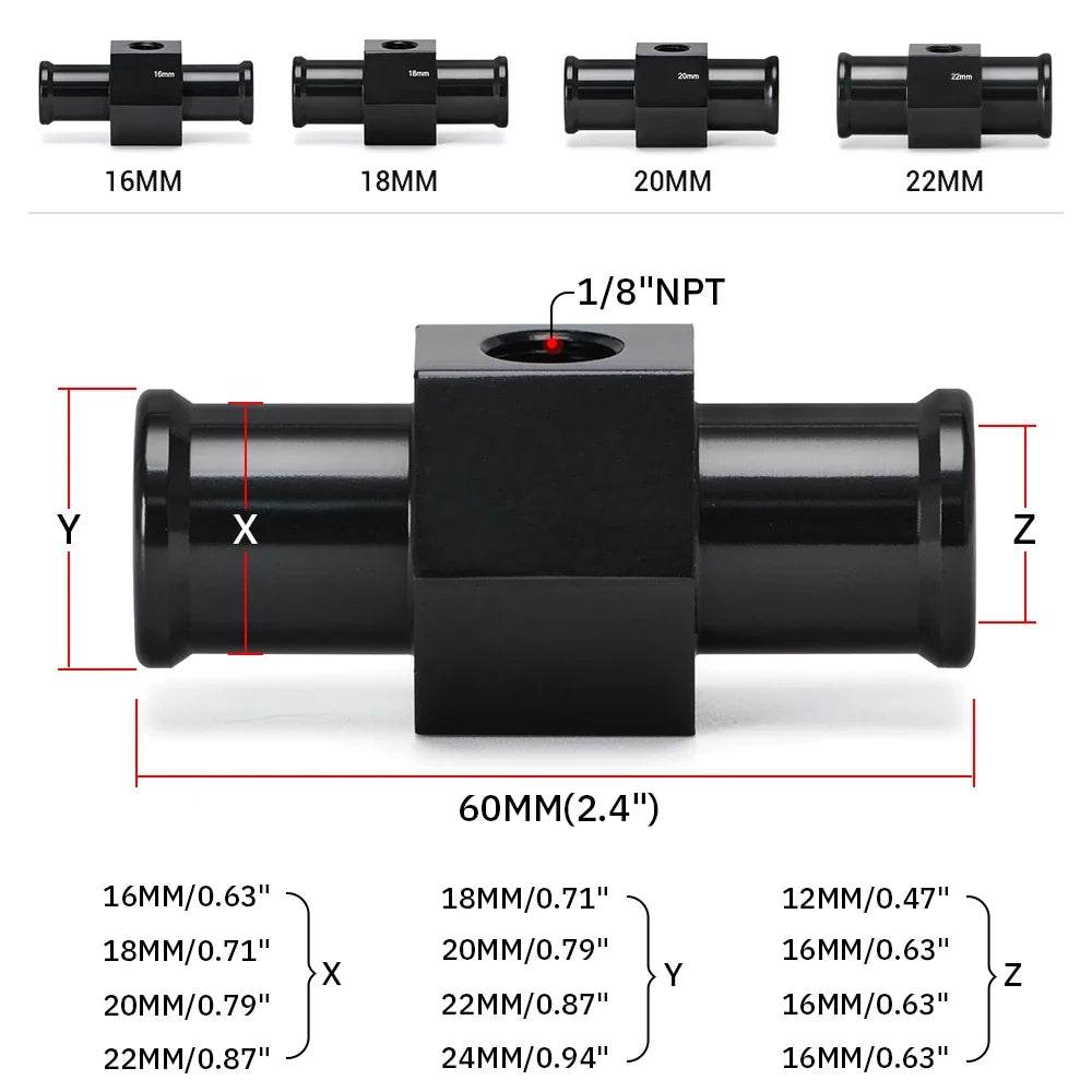 Black Water Temp Gauge Adapter | Radiator Temperature Sensor Joint for 18mm-24mm Hoses