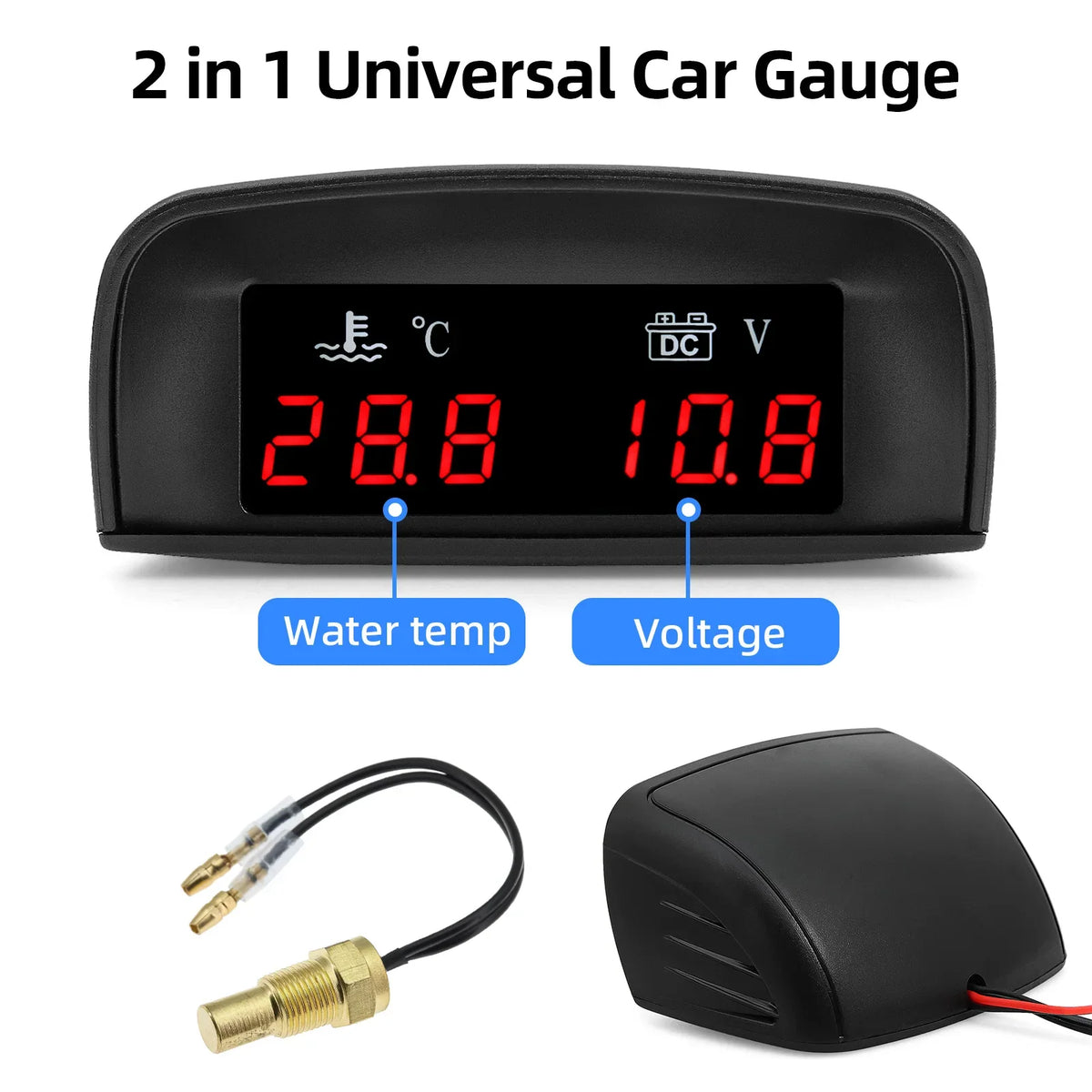 2 In 1 Car Water Temperature and Voltage Gauge | Digital LCD Display with 1/8 NPT Sensor Adapter