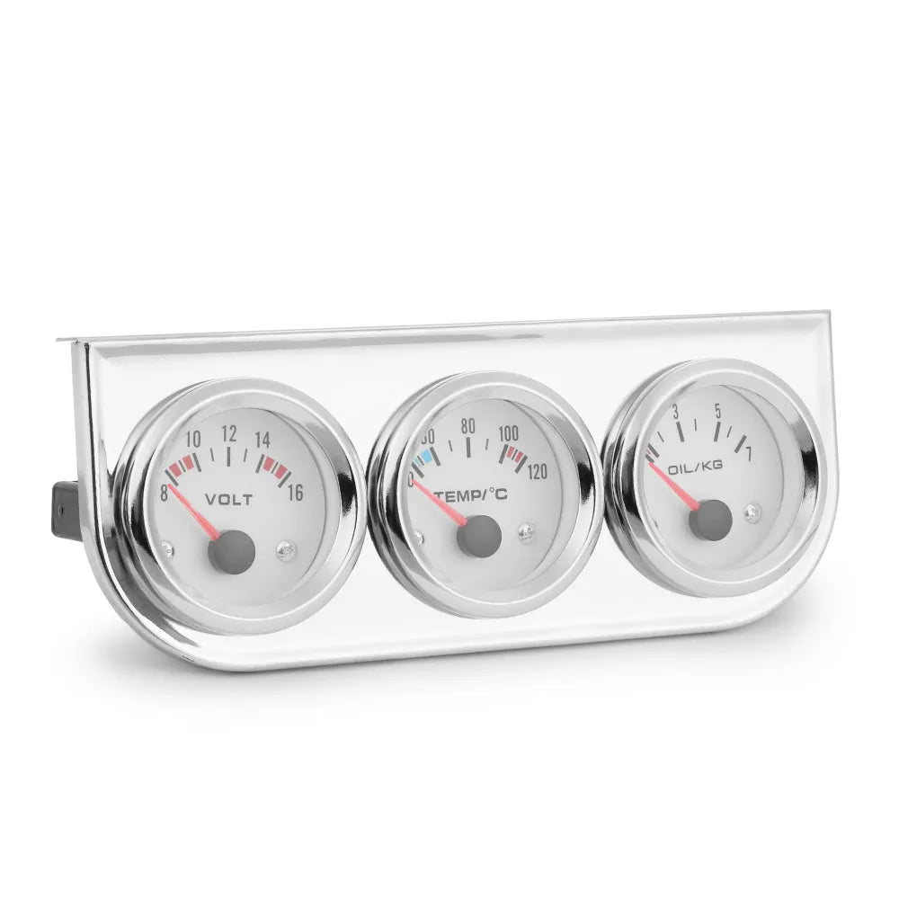 Chrome 2 Inch 52mm Triple Gauge Kit | Water Temp, Voltmeter, Oil Pressure with Sensors