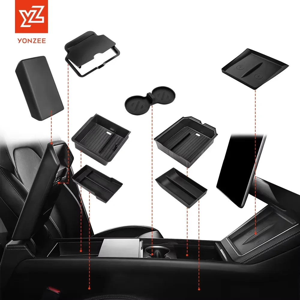 For Tesla Model 3/Y/Highland/Juniper 2026 Center Armrest Hidden Storage Box | Cup Holder Console Organizer MyPetiteCar.com