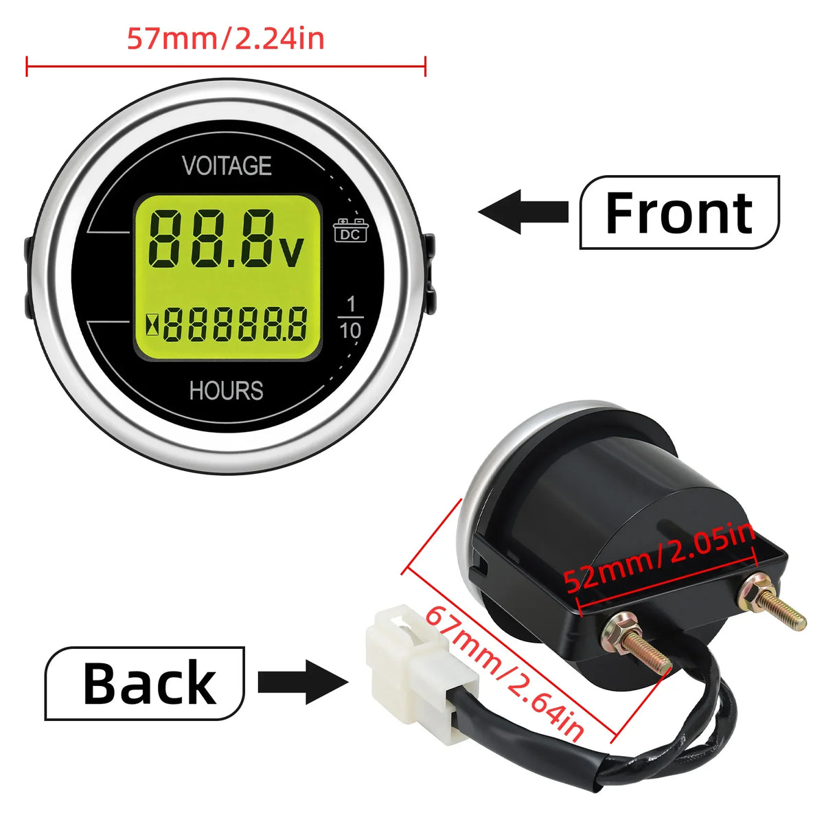 DC 12V 24V 52mm Car Voltage Gauge | LED Digital Voltmeter with Hour Meter MyPetiteCar.com