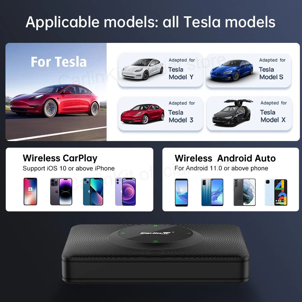 CarlinKit Wireless CarPlay Android Auto Adapter for Tesla Model 3 Y S X | Auto Connect Siri Spotify Waze MyPetiteCar.com
