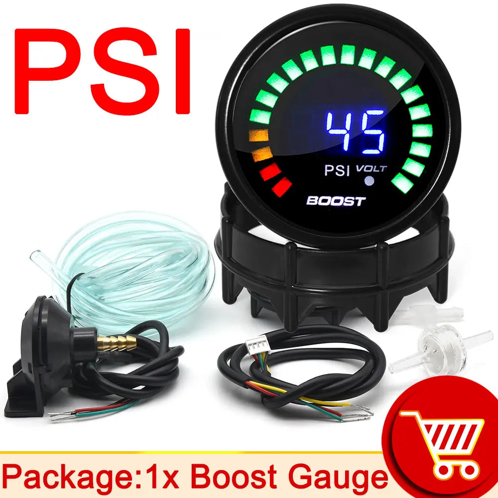 52mm 20 LED Digital Car Gauge Set | Multi-Function Tachometer, Boost, Temp & Pressure Monitor