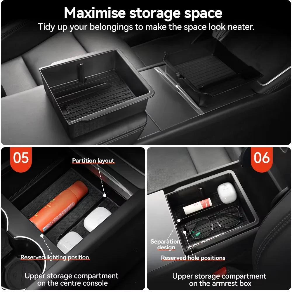For Tesla Model 3/Y/Highland/Juniper 2026 Center Armrest Hidden Storage Box | Cup Holder Console Organizer MyPetiteCar.com