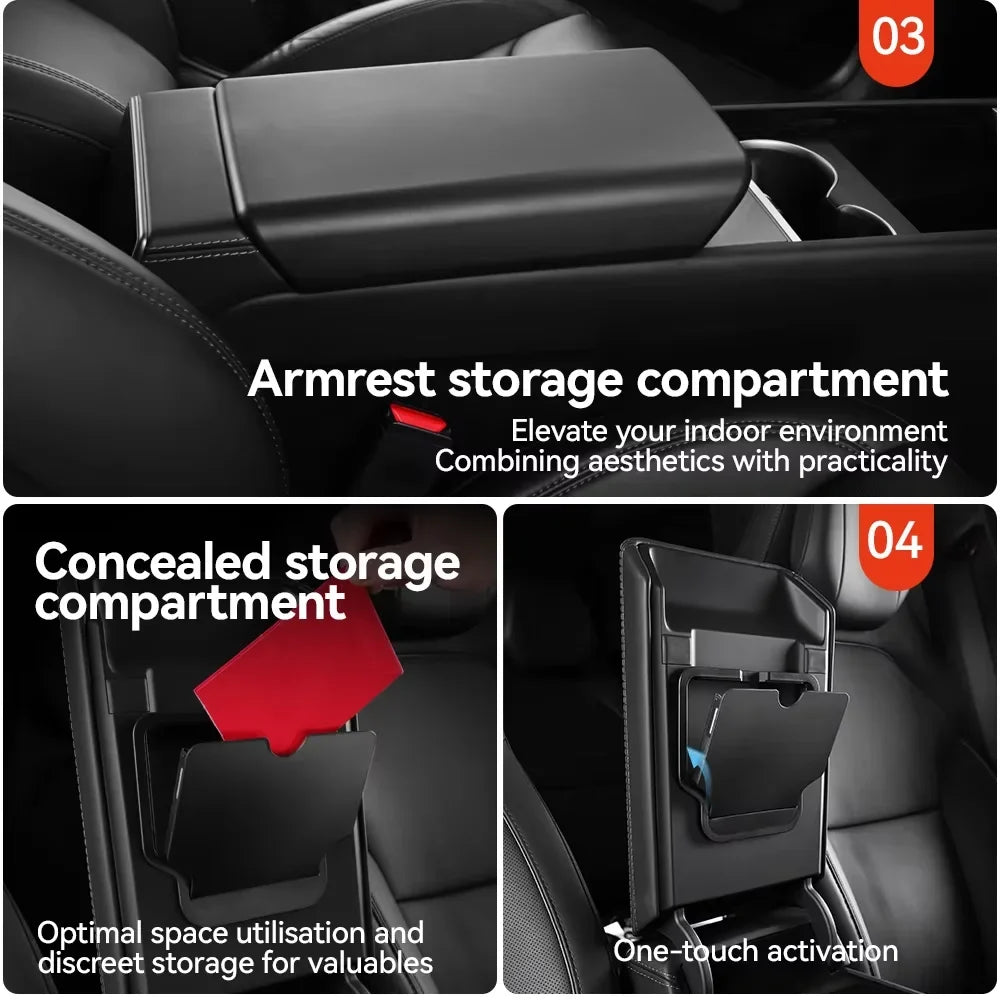 For Tesla Model 3/Y/Highland/Juniper 2026 Center Armrest Hidden Storage Box | Cup Holder Console Organizer MyPetiteCar.com