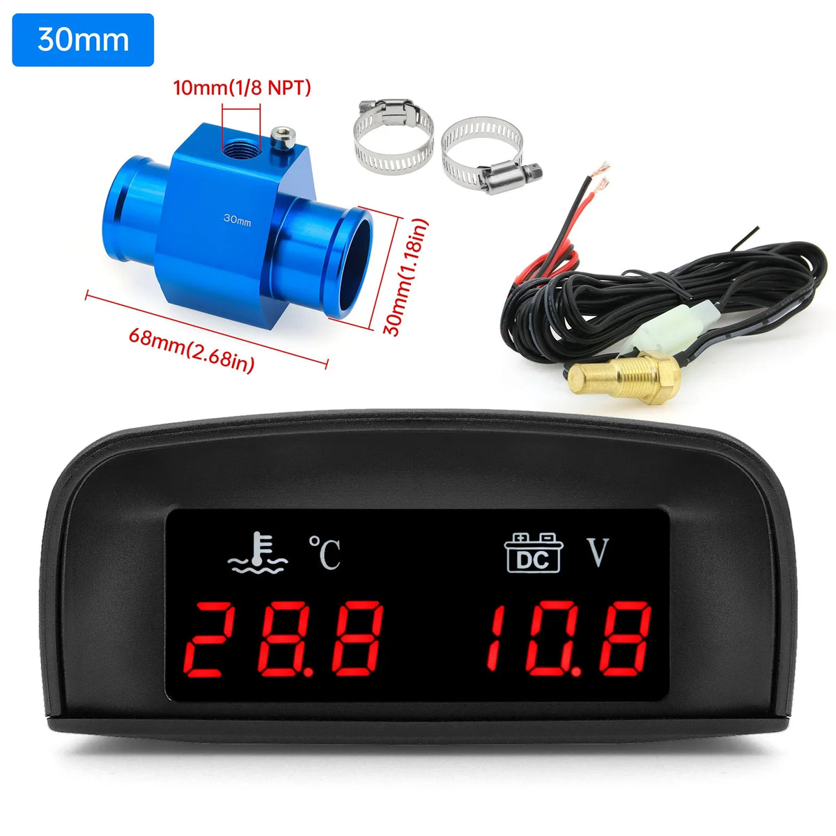 2 In 1 Car Water Temperature and Voltage Gauge | Digital LCD Display with 1/8 NPT Sensor Adapter