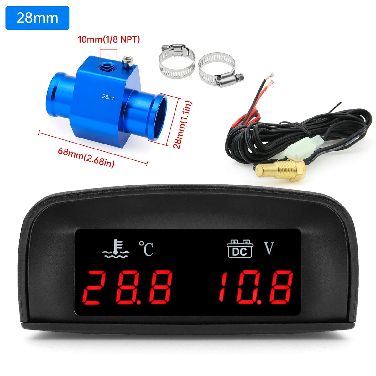 2 In 1 Car Water Temperature and Voltage Gauge | Digital LCD Display with 1/8 NPT Sensor Adapter