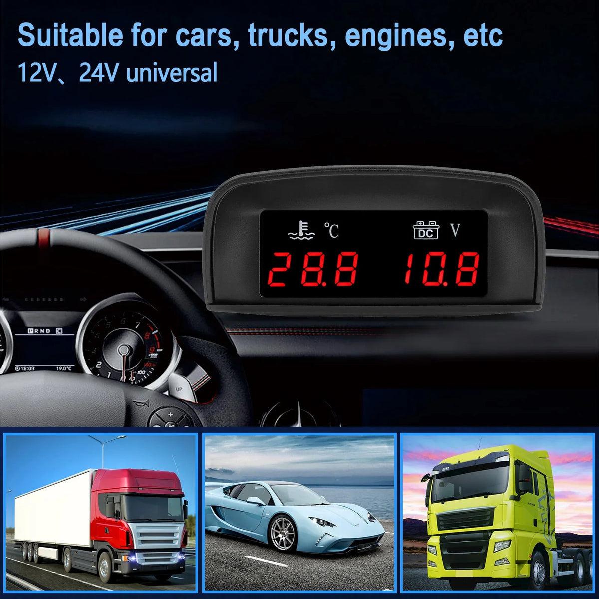 2 In 1 Car Water Temperature and Voltage Gauge | Digital LCD Display with 1/8 NPT Sensor Adapter