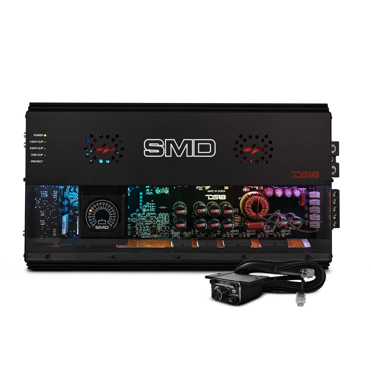 SMD 5-Channel Amplifier with VM-1 Voltmeter and Digital LED Lights 4 x 250W at 2-Ohm Class AB + 1 x 1800W at 1-Ohm Class D - Steve Meade Designs DS18