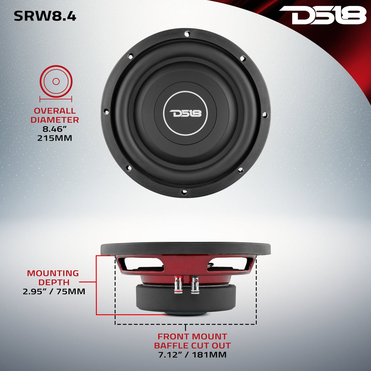 SRW Shallow-Mount 8" Subwoofer 150 Watts Rms SVC 4-Ohm DS18