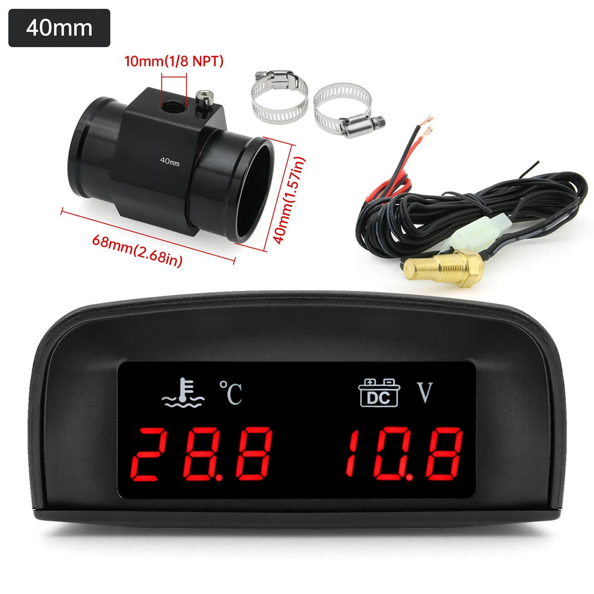 2 In 1 Car Water Temperature and Voltage Gauge | Digital LCD Display with 1/8 NPT Sensor Adapter