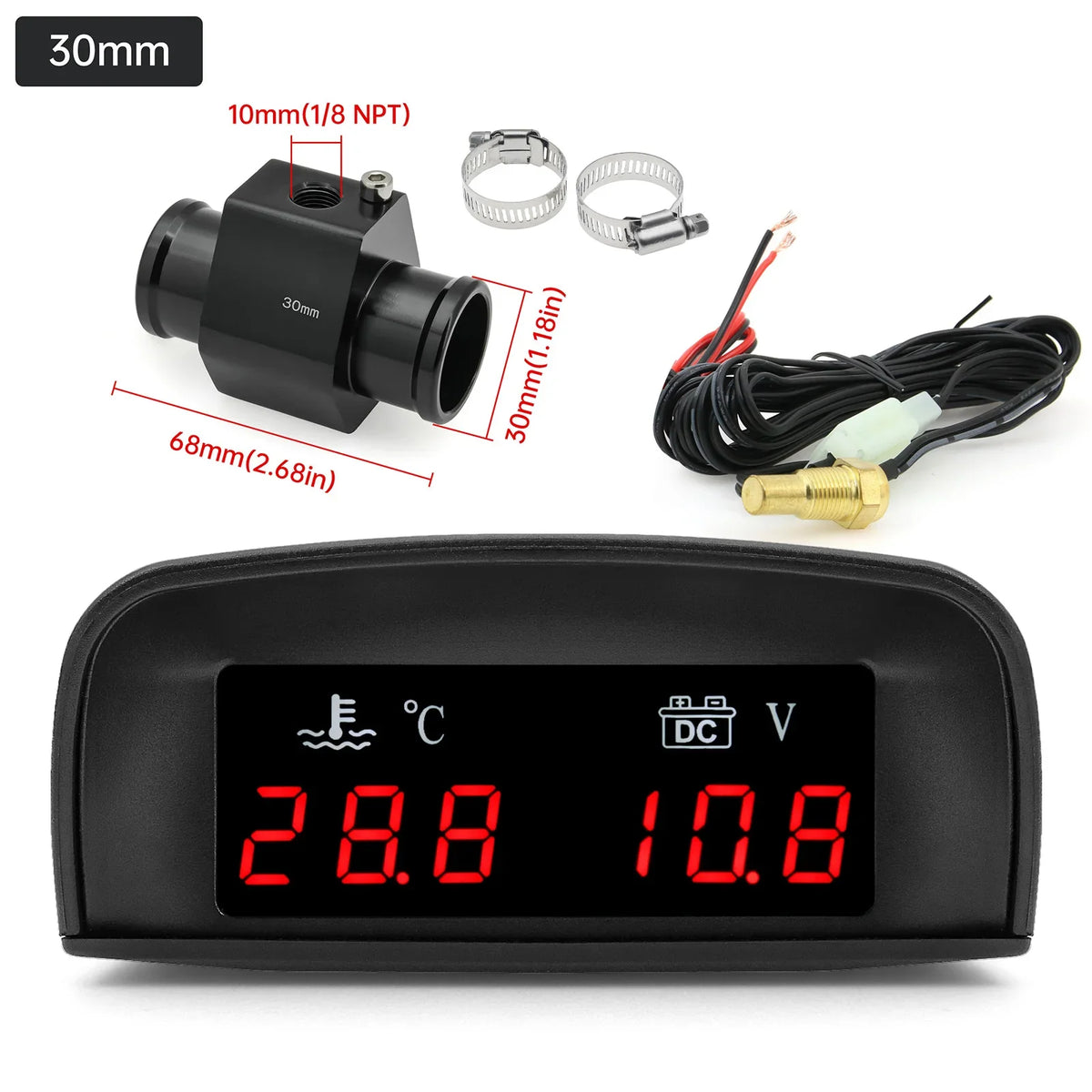 2 In 1 Car Water Temperature and Voltage Gauge | Digital LCD Display with 1/8 NPT Sensor Adapter