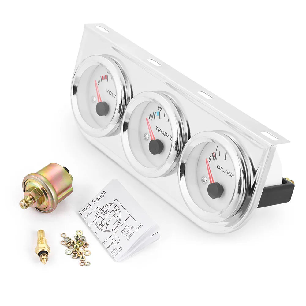 Chrome 2 Inch 52mm Triple Gauge Kit | Water Temp, Voltmeter, Oil Pressure with Sensors