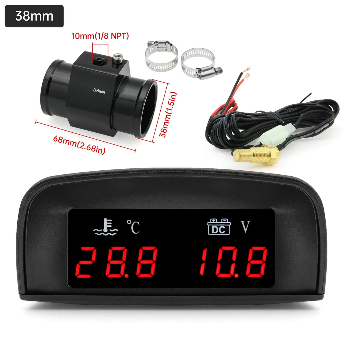 2 In 1 Car Water Temperature and Voltage Gauge | Digital LCD Display with 1/8 NPT Sensor Adapter