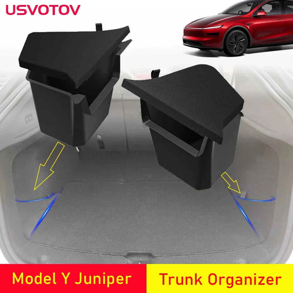 USVOTOV Tesla Model Y Juniper 2025 Trunk Organizer – TPE Rear Trunk Side Storage Bins MyPetiteCar.com