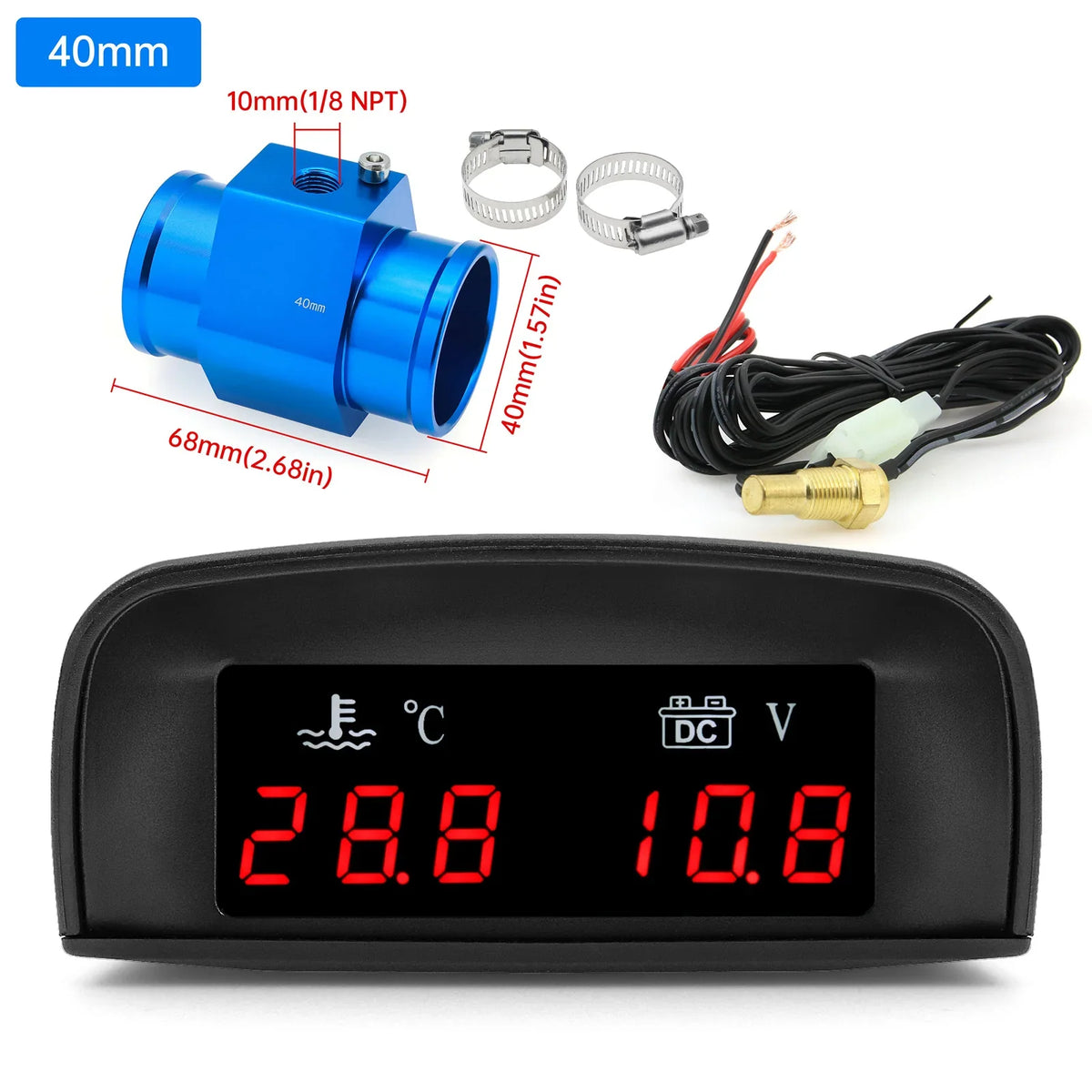 2 In 1 Car Water Temperature and Voltage Gauge | Digital LCD Display with 1/8 NPT Sensor Adapter