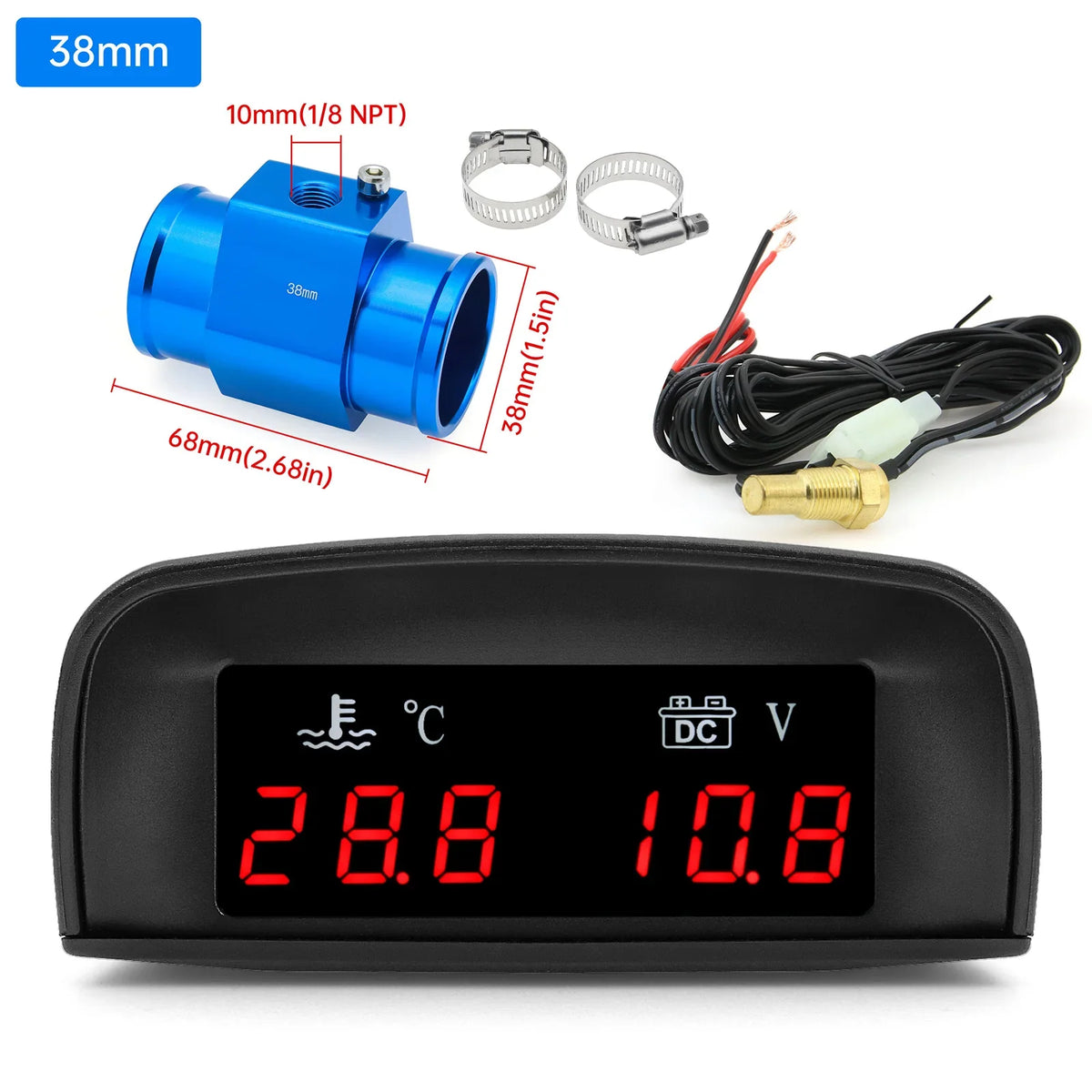 2 In 1 Car Water Temperature and Voltage Gauge | Digital LCD Display with 1/8 NPT Sensor Adapter