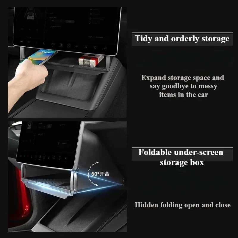 Hidden Storage Organizer Tray for Tesla Model Y Juniper and Model 3 Highland | Under Screen Box MyPetiteCar.com
