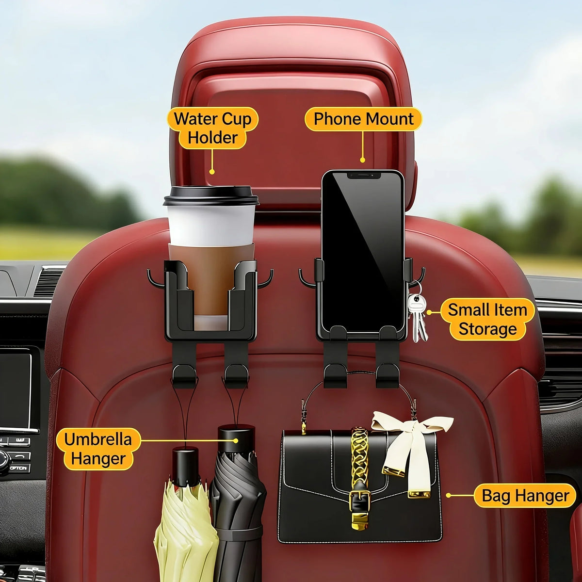 Car Seat Backrest Storage Rack with Cup Holder and Hooks | Space-Saving Car Organizer MyPetiteCar.com