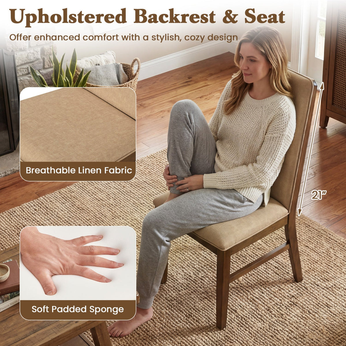 Set of 2 Upholstered Dining Chairs with Solid Rubber Wood Legs