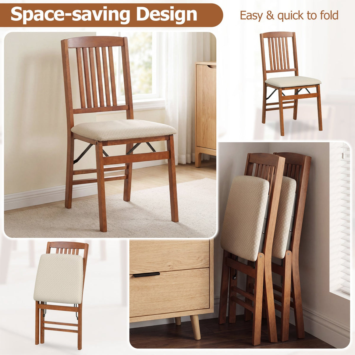 Set of 4 Foldable Upholstered Kitchen Chairs with Padded Seat