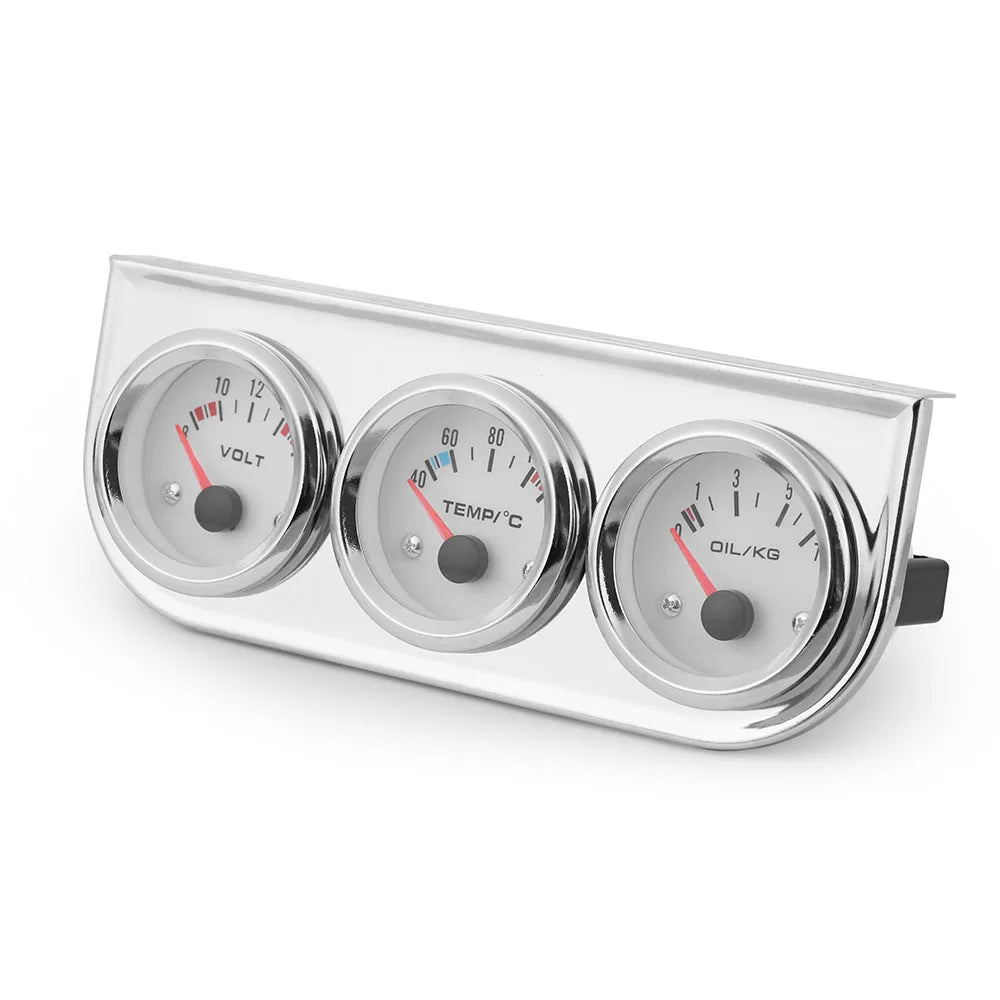 Chrome 2 Inch 52mm Triple Gauge Kit | Water Temp, Voltmeter, Oil Pressure with Sensors