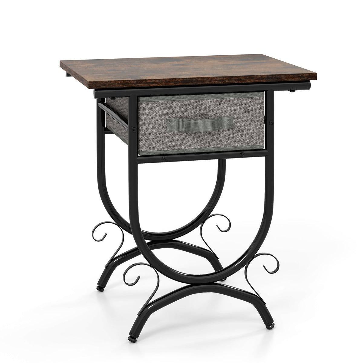 Side Table with Fabric Drawer and Carved Metal Frame for Living Room