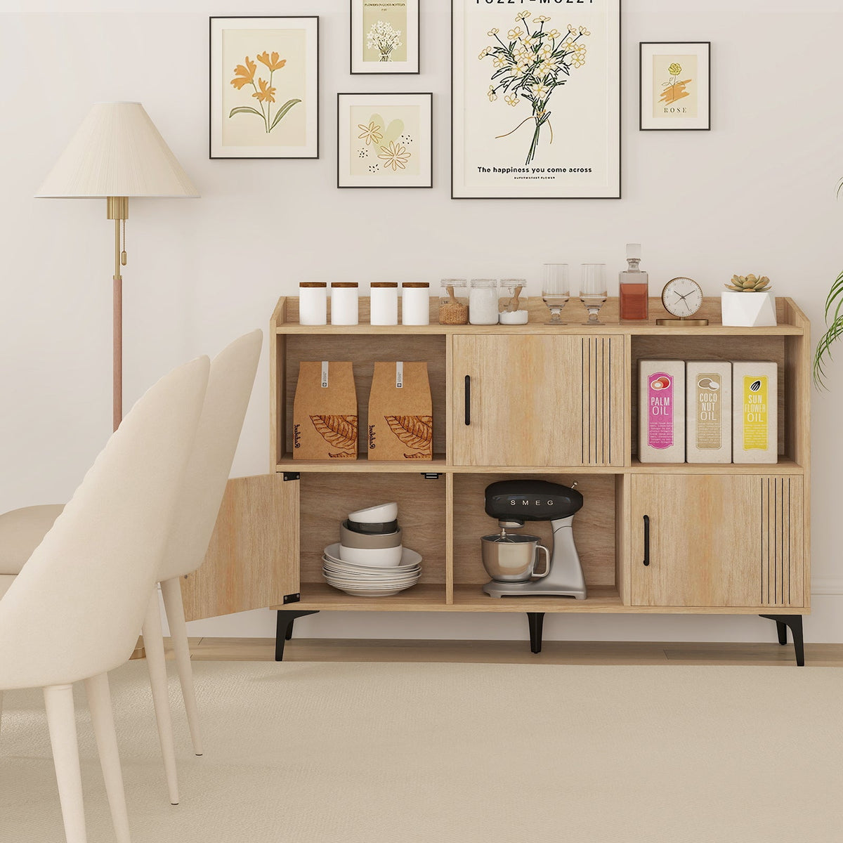 Sideboard Storage Cabinet Bookcase with 3 Doors and Open Compartments-Oak